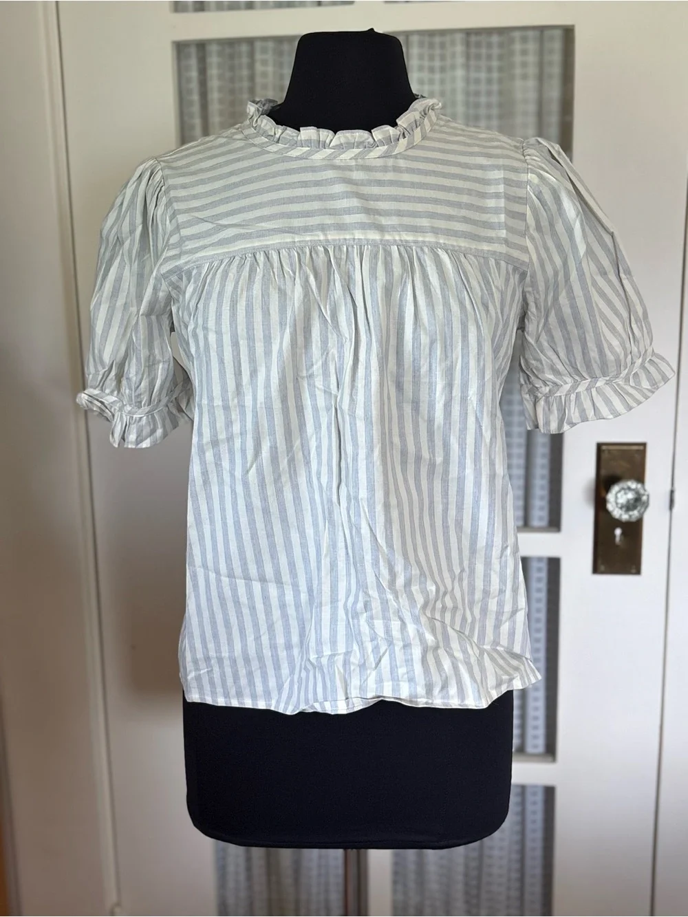 Madewell Blue and White Striped Ruffle-Yoke Puff Sleeve Top